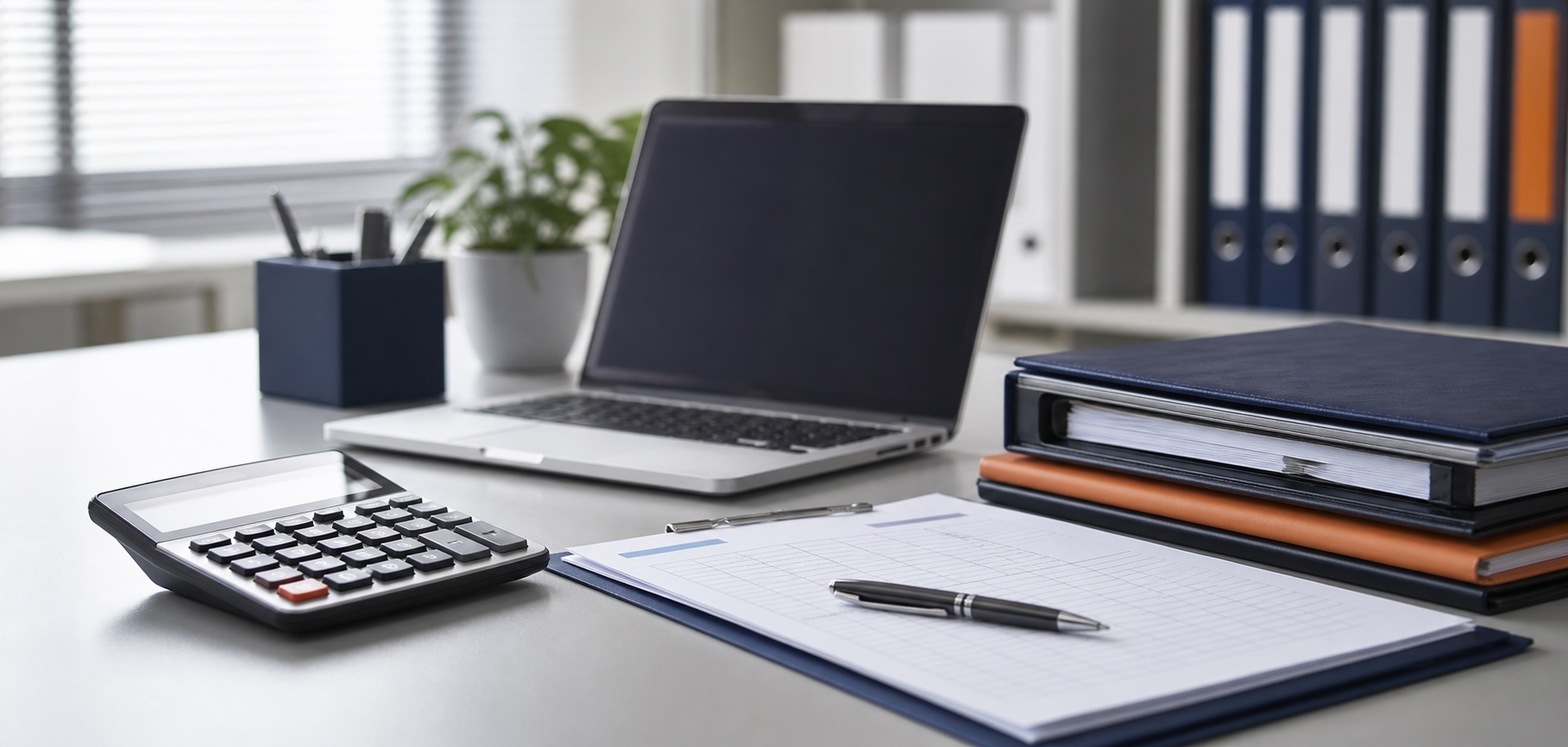 Modern accounting workspace with a calculator, laptop, and ledger