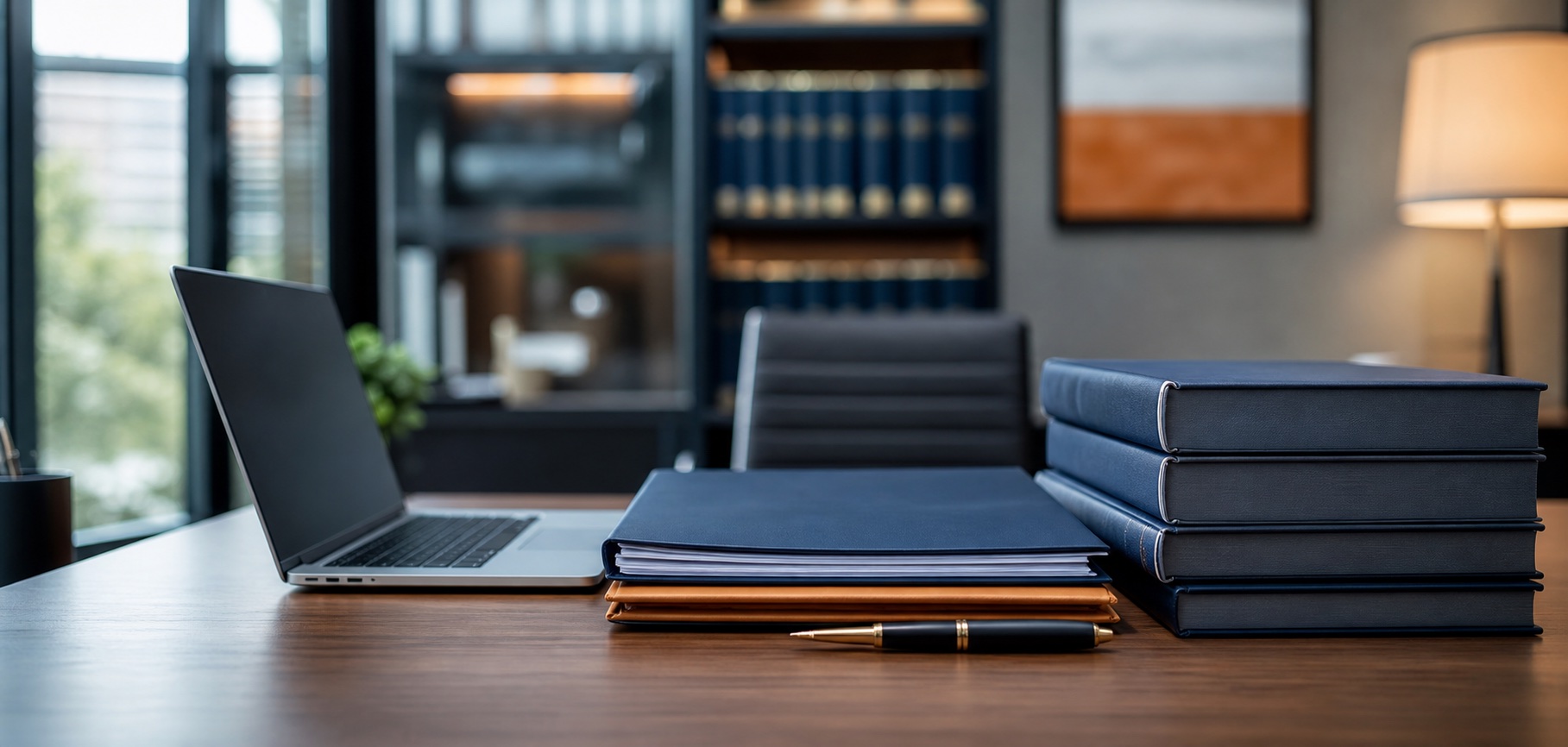 Modern legal office workspace with technology and document folders