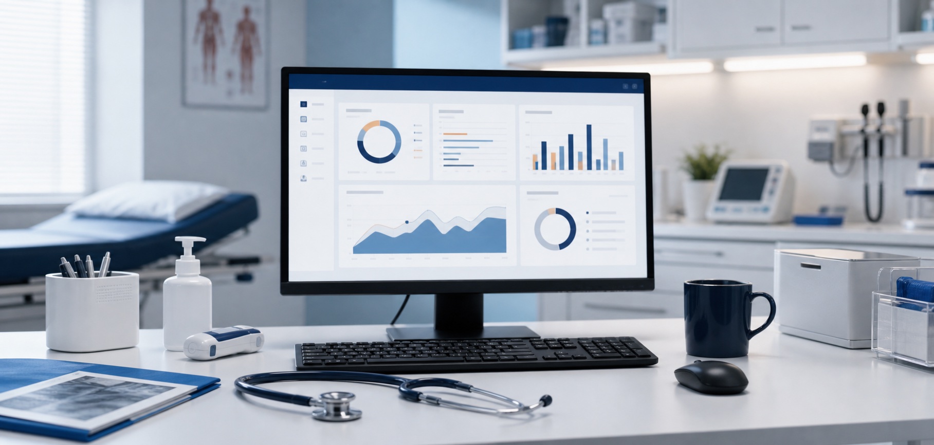 Medical practice workstation with a clinical dashboard and stethoscope