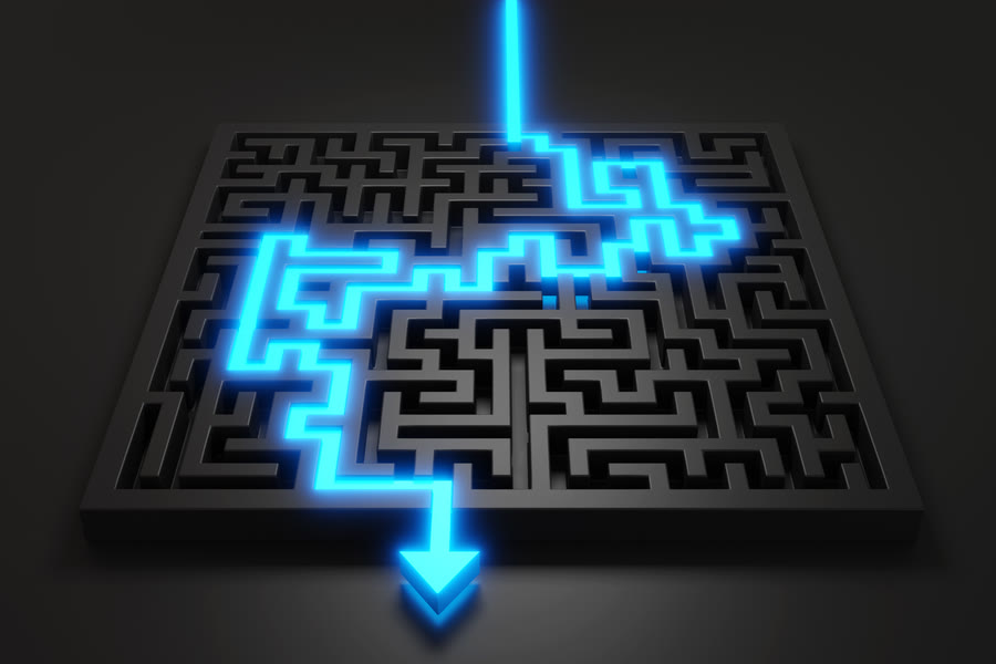 Blue path winding through a maze