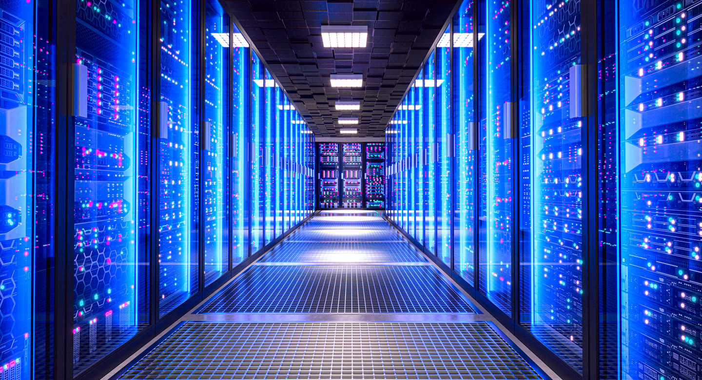 Empty data-center corridor lined with server racks