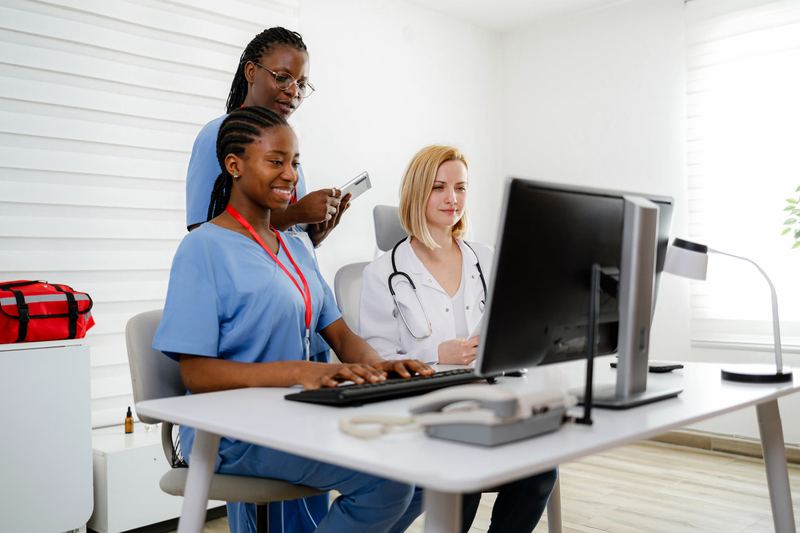 Stethoscope resting on a laptop in a clinical workspace