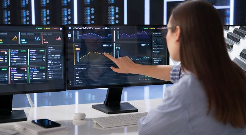 Wall of monitors showing security and operations dashboards