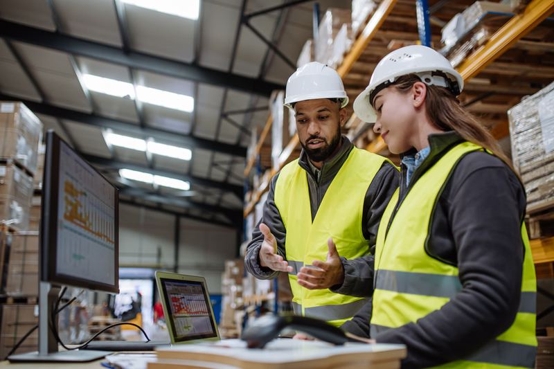 Warehouse workers reviewing a handheld scanner beside pallet racks